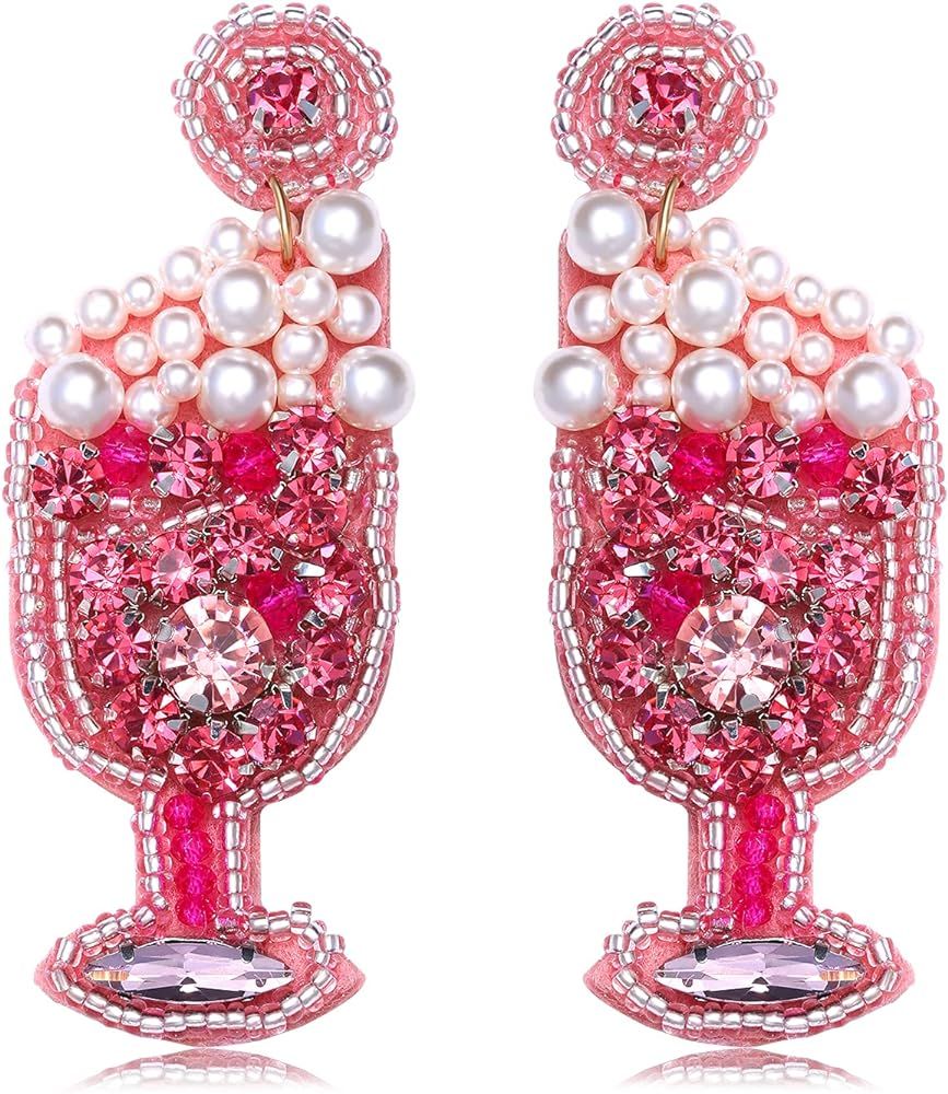 Statement Earrings for Women Handmade Beaded Wine Glass Post Earrings Gorgeous Crystal Drop Dangle E | Amazon (US)