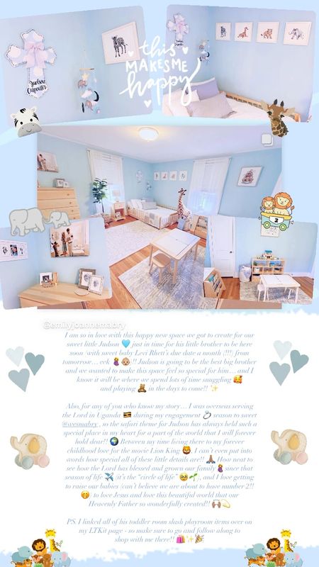 I am so in love with this happy new space we got to create for our sweet little Judson 🩵 just in time for his little brother to be here soon (with sweet baby Levi Rhett’s due date a month (!!!) from tomorrow… eek 🤰👶🏼)!! Judson is going to be the best big brother and we wanted to make this space feel so special for him… and I know it will be where we spend lots of time snuggling 🥰 and playing 🧸 in the days to come!! ✨ #bigboyroomreveal #playroom #playroomdesign 

Also, for any of you who know my story… I was overseas serving the Lord in Uganda 🇺🇬 during my engagement 💍 season to sweet @wesmabry , so the safari theme for Judson has always held such a special place in my heart for a part of the world that I will forever hold dear!! 🌍 Between my time living there to my forever childhood love for the movie Lion King 🦁, I can’t even put into words how special all of these little details are!! 🙏🏽 How neat to see how the Lord has blessed and grown our family🤰since that season of life ✈️ (it’s the “circle of life” 🥹🌱), and I love getting to raise our babies (can’t believe we are about to have number 2!! 🤭) to love Jesus and love this beautiful world that our Heavenly Father so wonderfully created!! 🙌🏽💫 #circleoflife #growingfamily 

PS. I linked all of his toddler room slash playroom items over on my LTKit page - so make sure to go and follow along to shop with me there!! 🛍️✨🎉

#LTKkids #LTKfamily #LTKhome