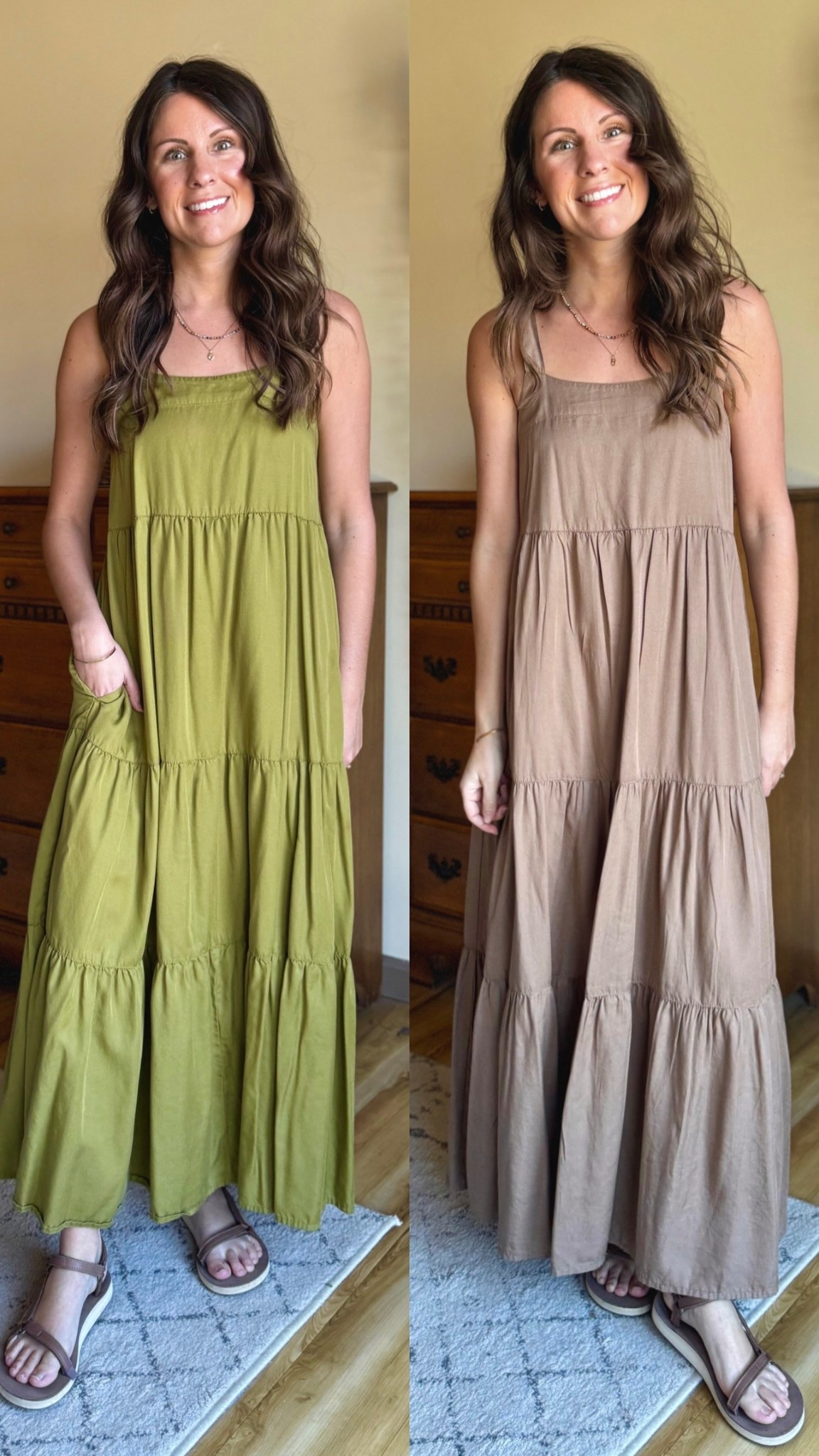 Love this maxi so much! Adjustable button straps, flowy, tiered and comfy, pockets, and petite friendly🙌🏽

Wearing size xs in olive oil and mushroom. 

#LTKPetite #LTKSaleAlert #LTKSeasonal