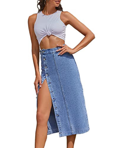 NIGHTMISS Womens High Waisted Washed Button Front Denim Long Skirt Midi Length A Line Denim Jean Pencil Skirt(BE292-S) | Amazon (US)