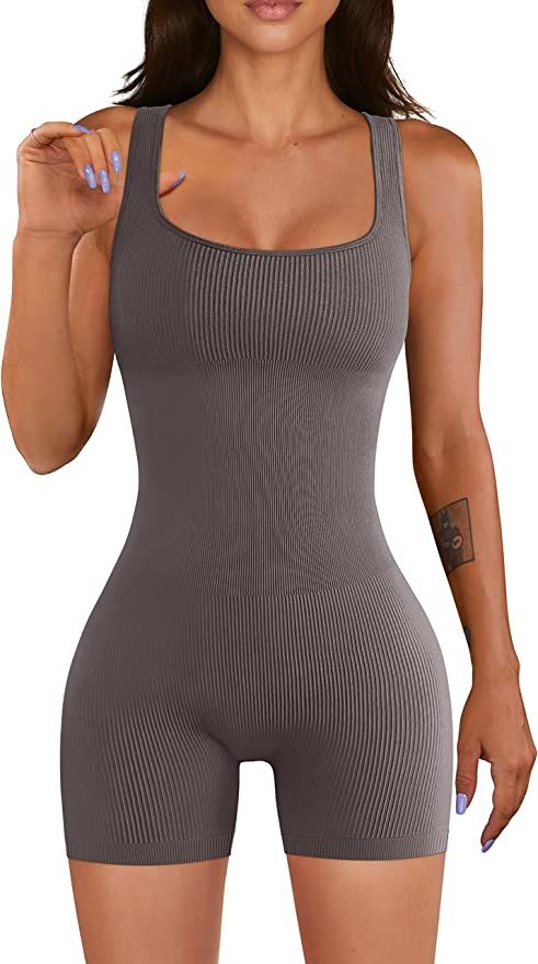 OQQ Women Yoga Rompers Workout Ribbed Square Neck Sleeveless Sport Romper | Amazon (US)