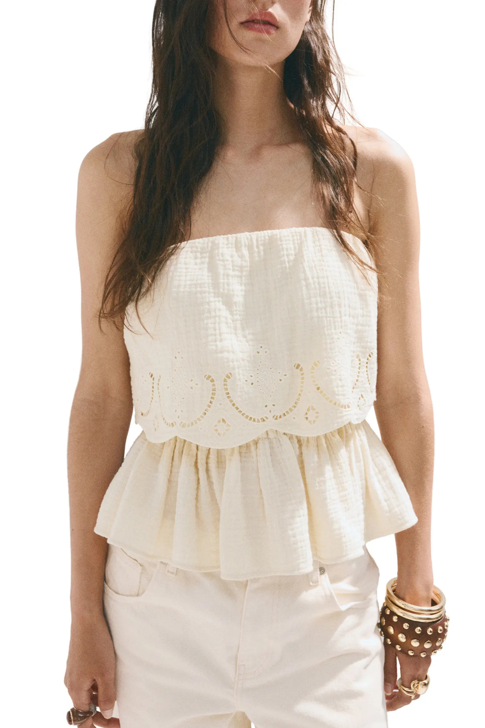 Maui Openwork Embroidered Strapless Gauze Peplum Top (Women) | Nordstrom | Nordstrom