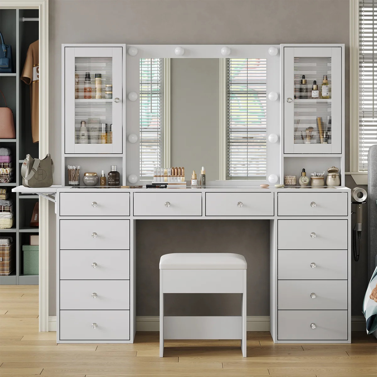 Makeup Vanity With Mirror And 10 LED Lights,Vanity Desk With 12 Drawers And 2 Cabinets, Glass Top... | Wayfair North America