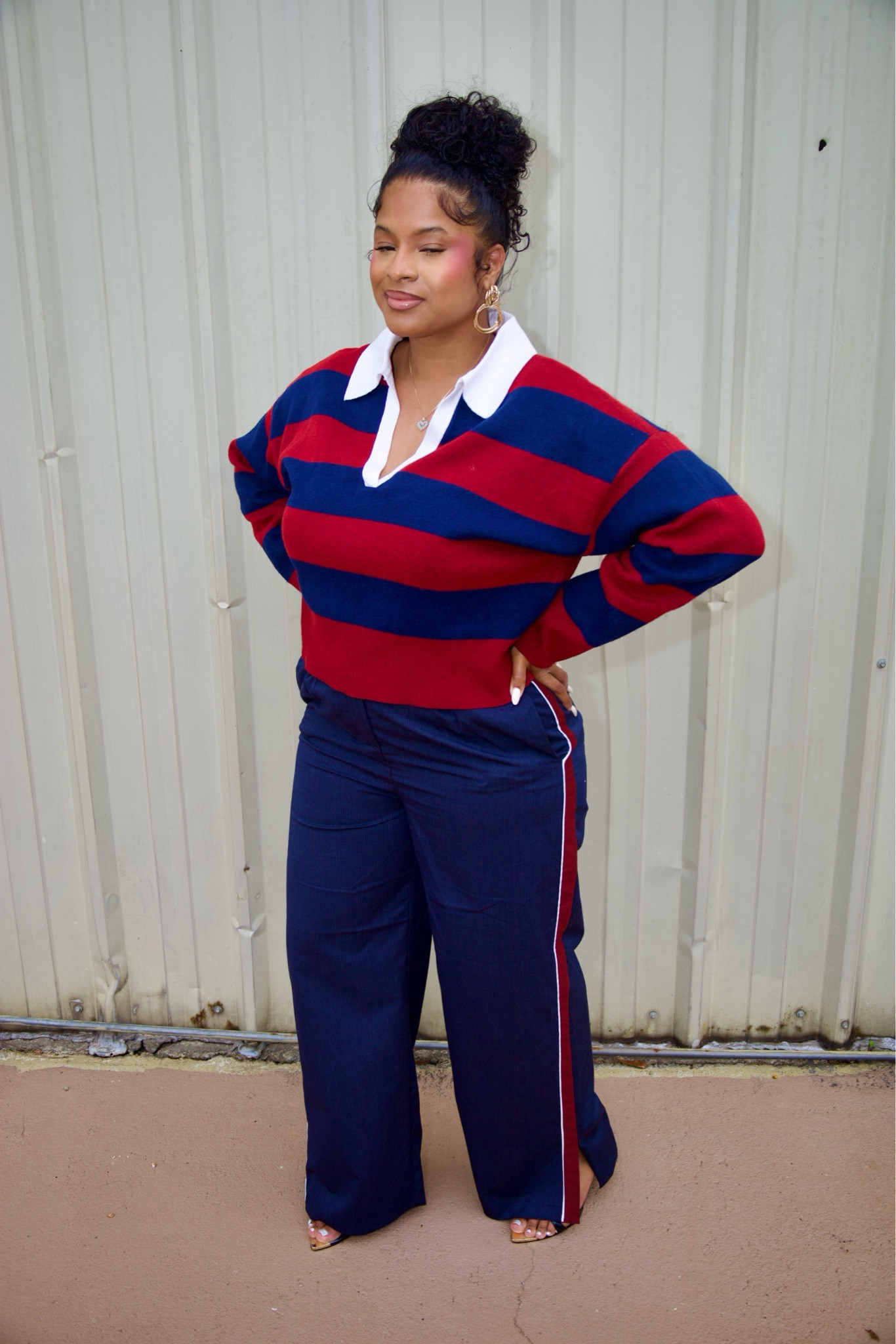 Sweater weather ❤️ high waisted trouser pants + fitted cut sweater from Macys. Wearing an XL in the sweater and XL in pants from Bar III