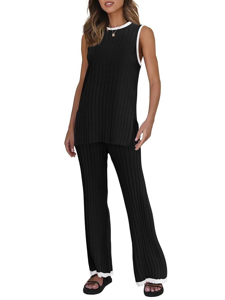 Tankaneo Womens Sweater Set 2 Piece Outfits Knit Sleeveless Tank Tops Elastic Waist Pants Patchwo... | Amazon (US)