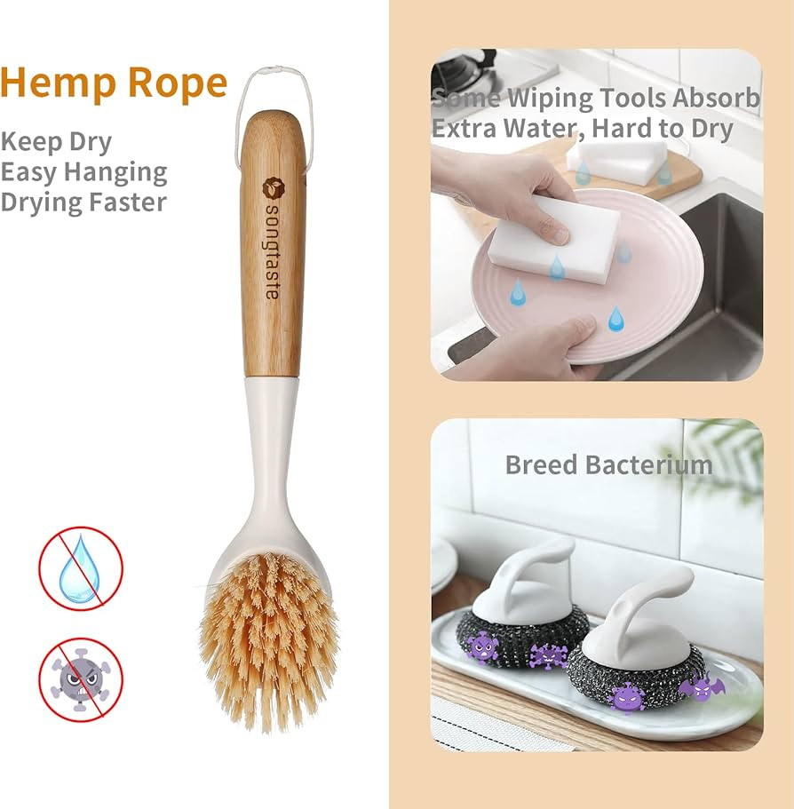 2 Pack Kitchen Dish Brush Bamboo Handle Dish Scrubber Built-in Scraper, Scrub Brush for Pans, Pot... | Amazon (US)