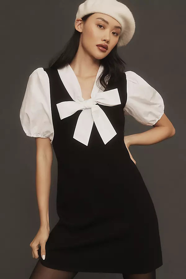 English Factory Short-Sleeve Bow-Neck Twofer Mini Dress | Anthropologie (US)