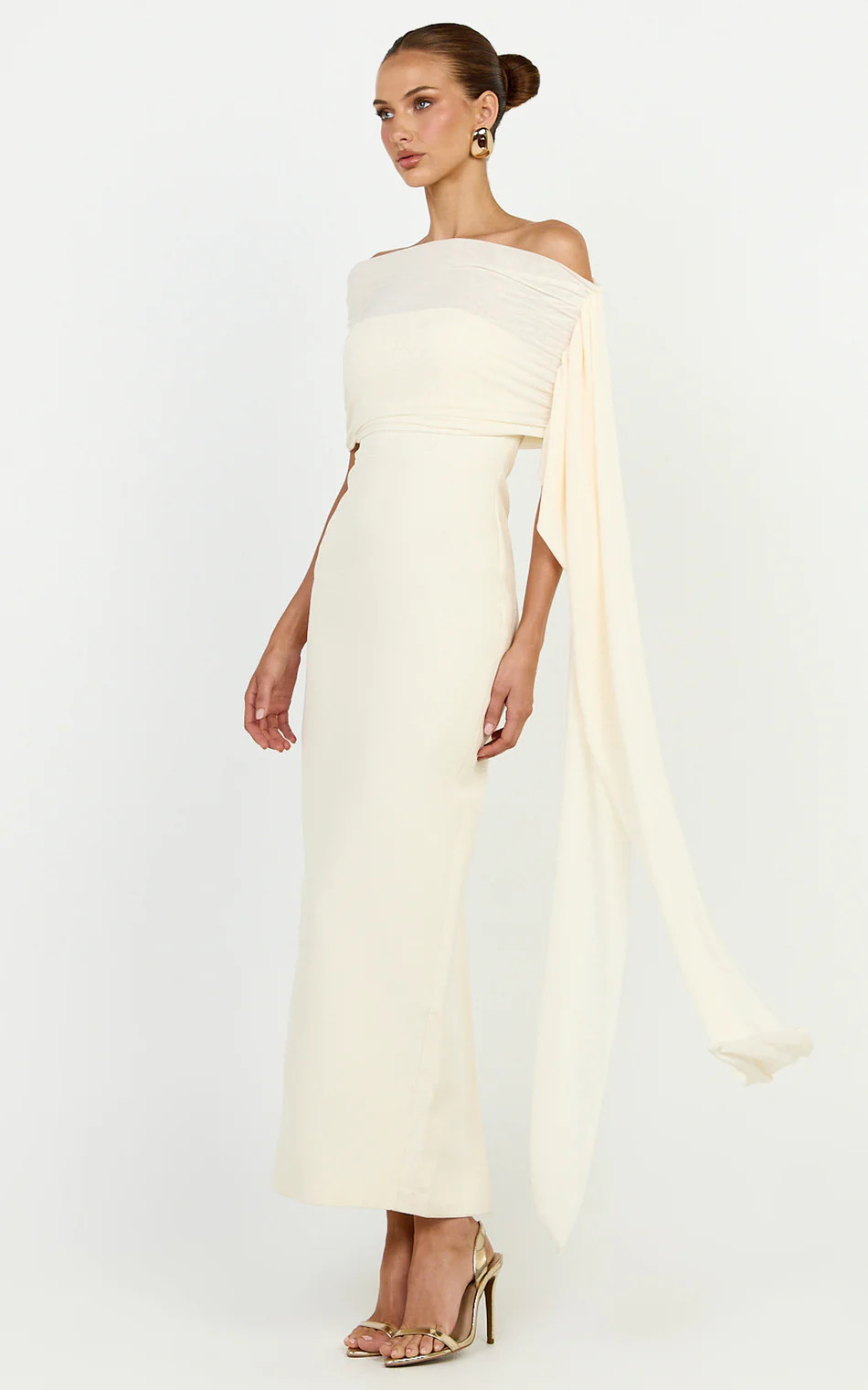 Off Shoulder Contrast Mesh Draped Overlay Dress in Cream | Showpo (US, UK & Europe)