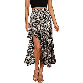 BTFBM Women Boho Floral Print Long Skirts Dress Chic High Low Side Split Ruffle Hem Elastic Waist... | Amazon (US)