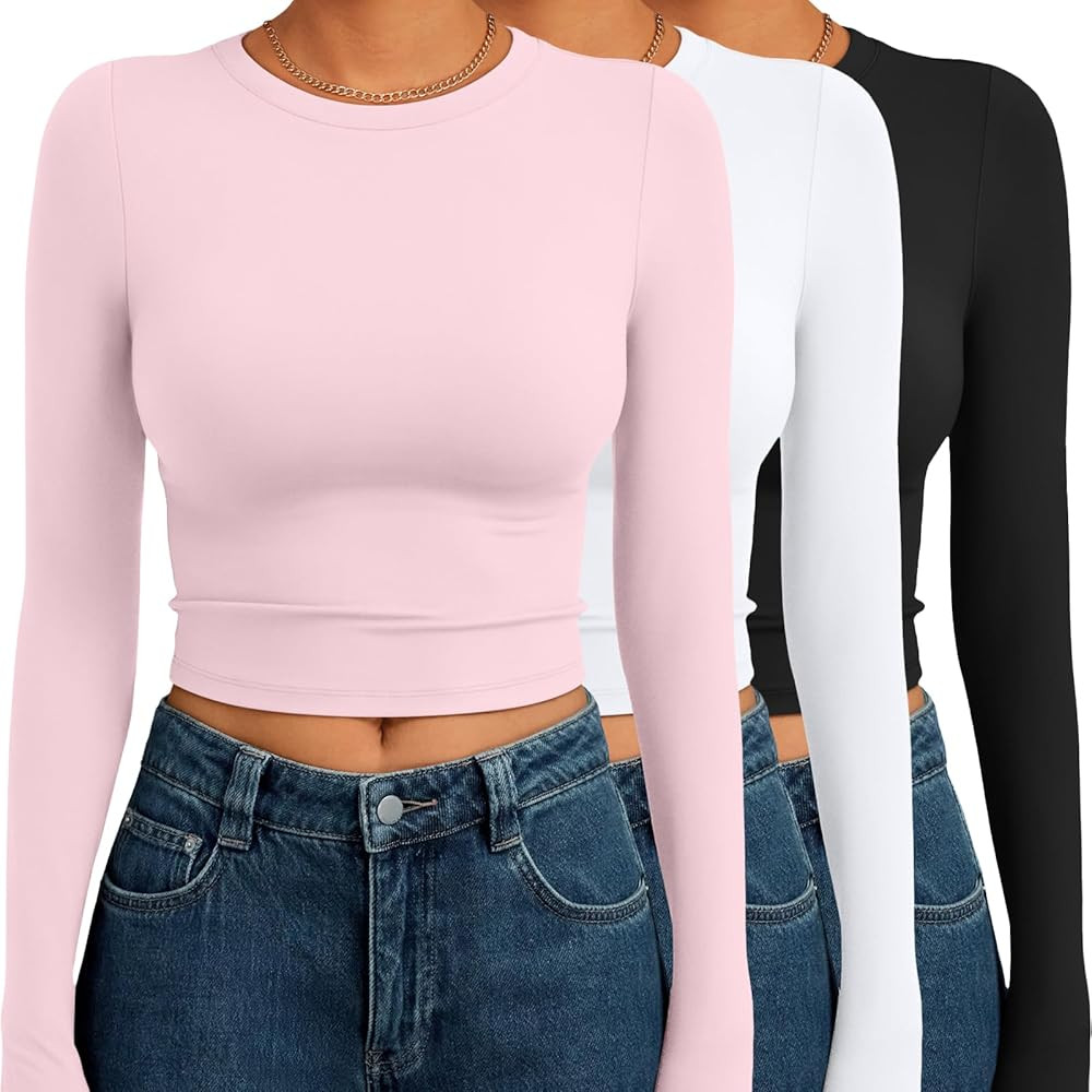 AUTOMET 3 Pack Womens Long Sleeve Shirts Y2K Going Out Crop Tops Cute Basic Slim Fitted Fall Fash... | Amazon (US)