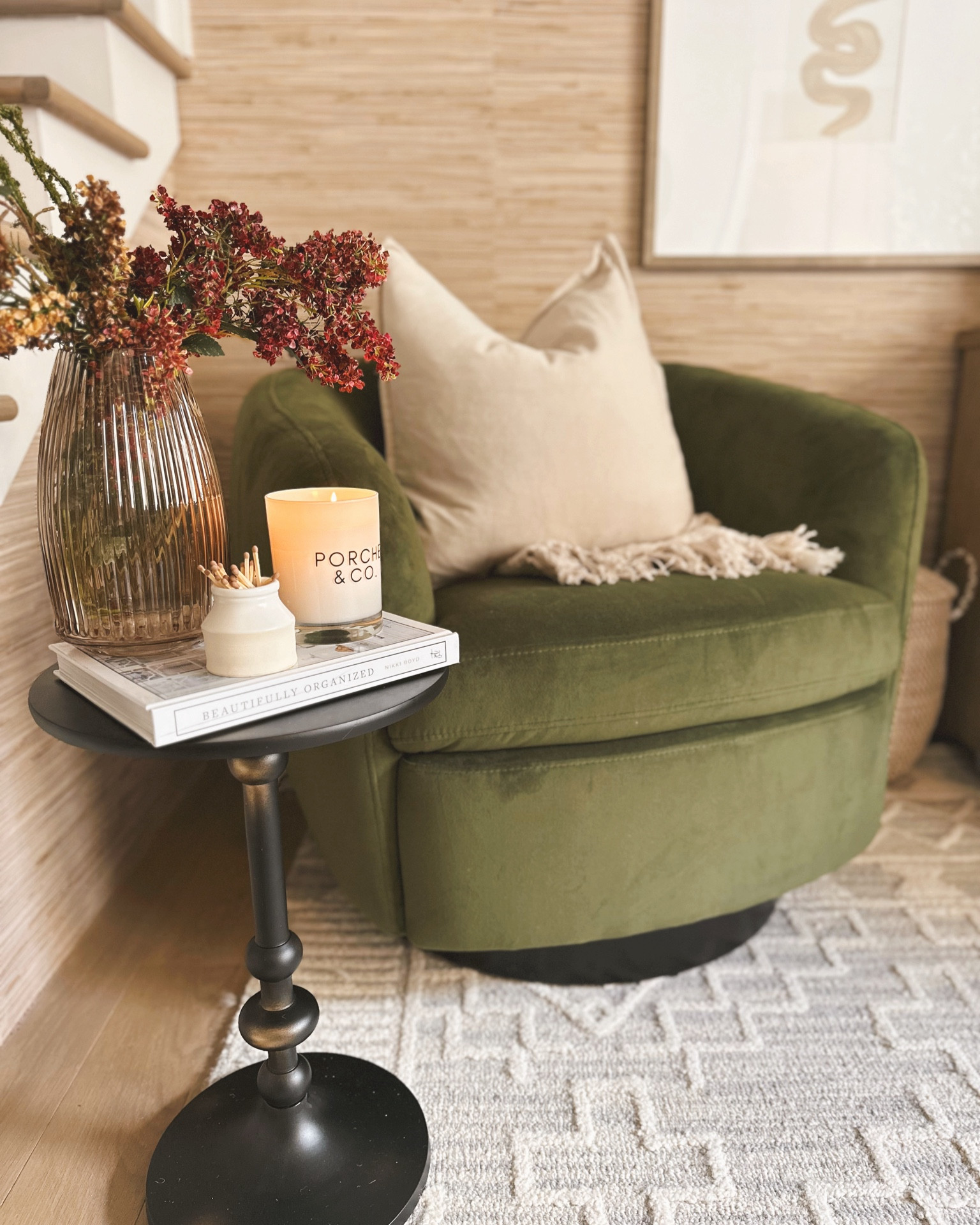 Cozy reading and coffee corner in my home office with Joss & Main for the Fall perfect to curl up with a good book 🍂 Velvet swivel chair, black aluminum side table with Amber vase and Fall stems 🫶🏼  ☕️ @jossandmain  #jossandmainpartner #jossandmaincommunity #jossandmainedit #myjossandmain #fall #velvet #chair

#LTKHome #LTKSeasonal