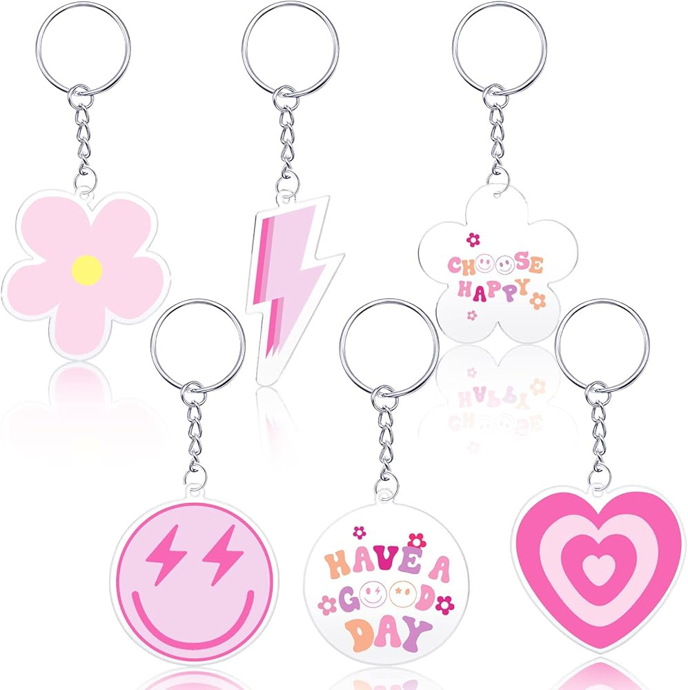 6 Pcs Preppy Smile Key Chain Acrylic Smile Face Keychain Happy Face Aesthetic Preppy Keychain for Backpack Cute Women's Keyrings and Keychains for Girls Purse Pink Accessories Charm, 6 Designs | Amazon (US)