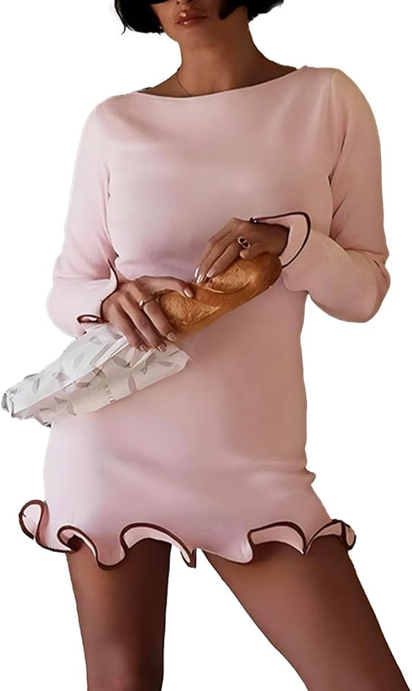 Womens Contrast Binding Flounce Sleeve Bodycon Knitted Ruffle Hem Party Sexy Dress Ribbed Crew Ne... | Amazon (US)