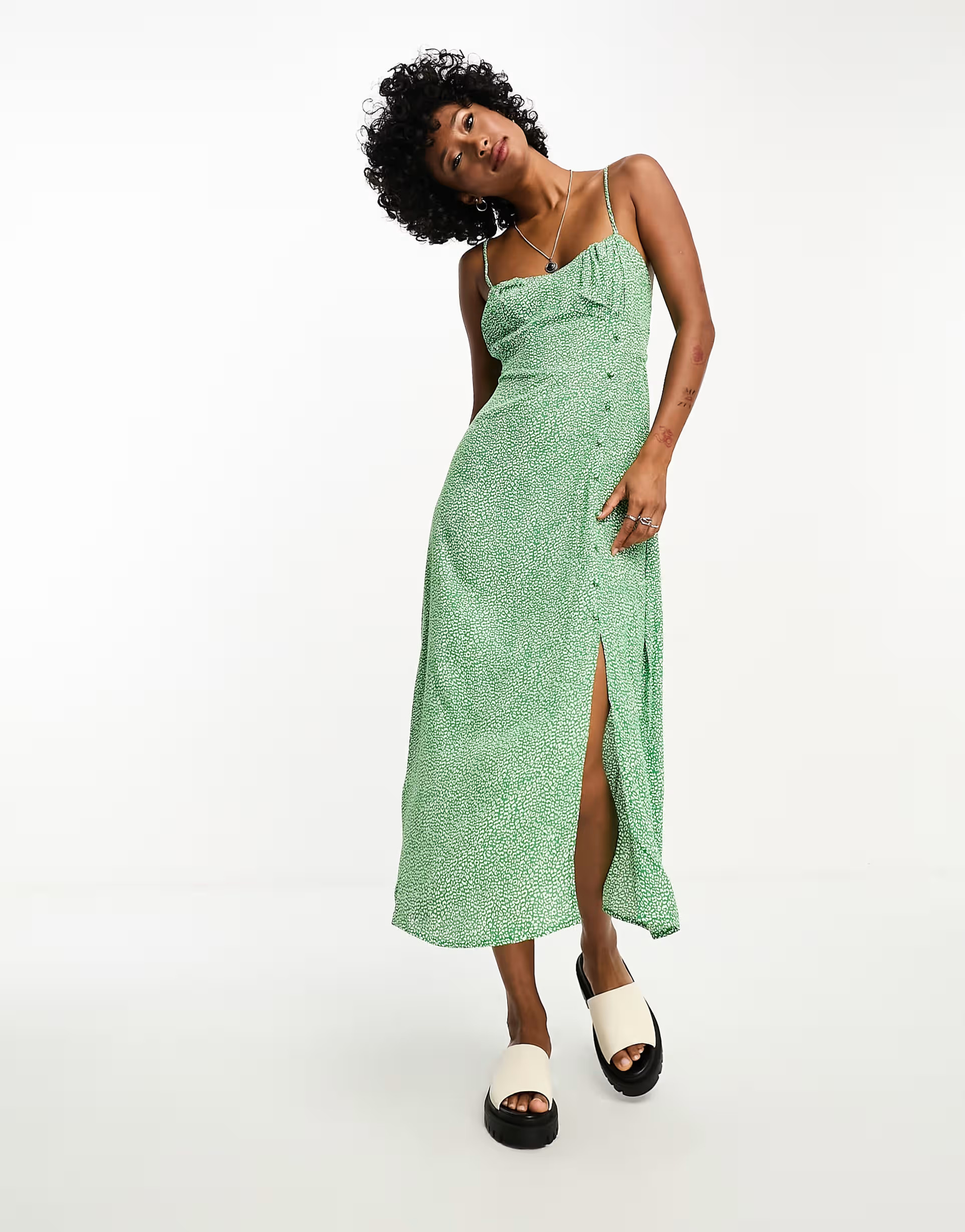 Only button down side midi dress in green micro leo print  | ASOS | ASOS (Global)