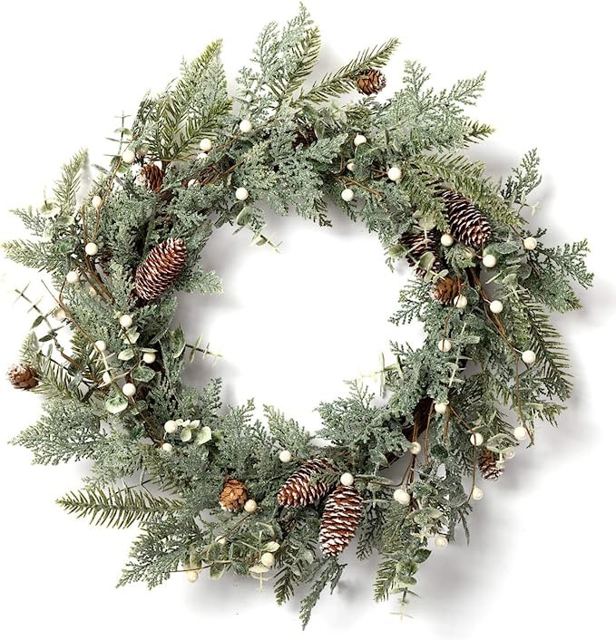 Amazon.com: LOHASBEE Artificial Christmas Wreath, 24" Pine Cone Grapevine Flocked Glitter Fir Wre... | Amazon (US)