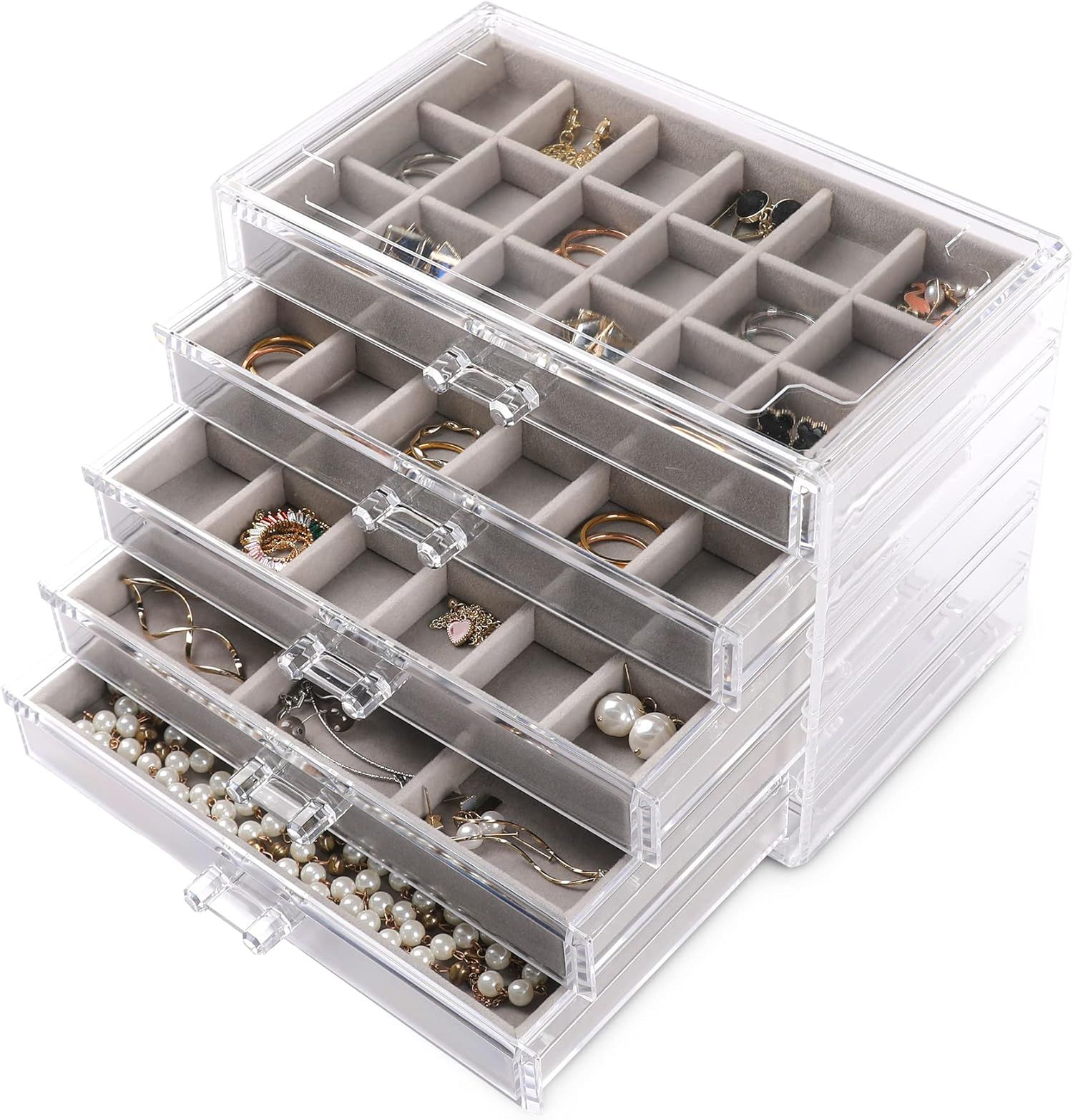 Frebeauty Extra Large Acrylic Jewelry Box for Women Girls 5 Layers Clear Velvet Earring Organizer wi | Amazon (US)