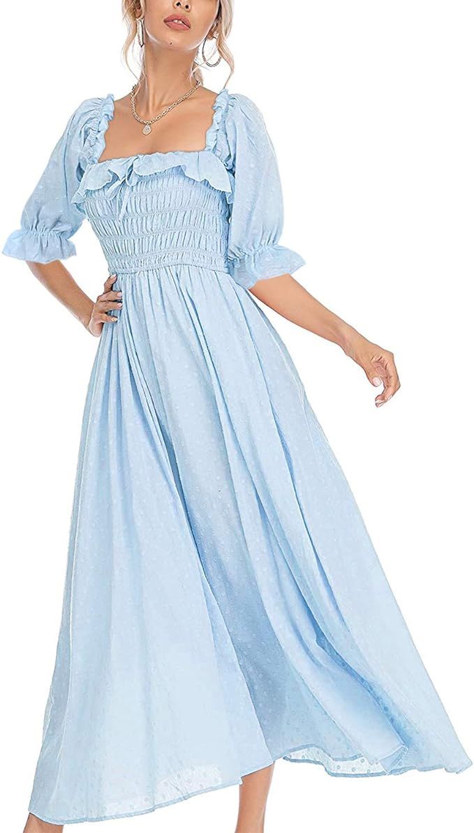 Women Summer Half Sleeve Cotton Ruffled Vintage Elegant Backless Flowy Swing Long Dress | Amazon (US)