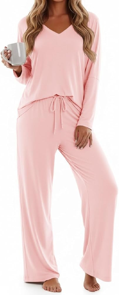 Tankaneo Womens Pajama Sets Off The Shoulder V Neck Top Wide Legs Pants Ribbed Lounge Sets 2025 C... | Amazon (US)