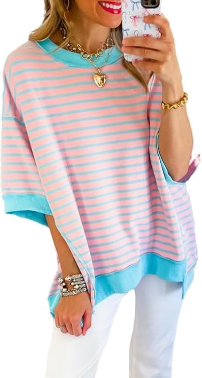 SHEWIN Womens Tops Casual Short Sleeve Sweatshirt Crewneck Striped Shirt Pullover T Shirts Loose ... | Amazon (US)