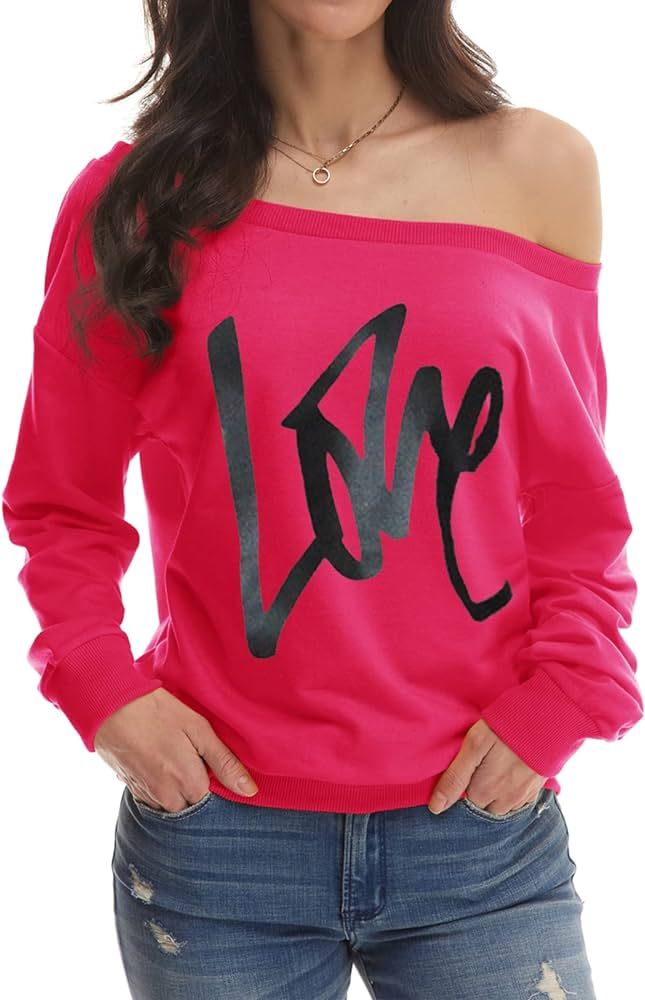 Yanekop Womens Love Letter Printed Off Shoulder Pullover Sweatshirt Slouchy Tops Shirts | Amazon (US)
