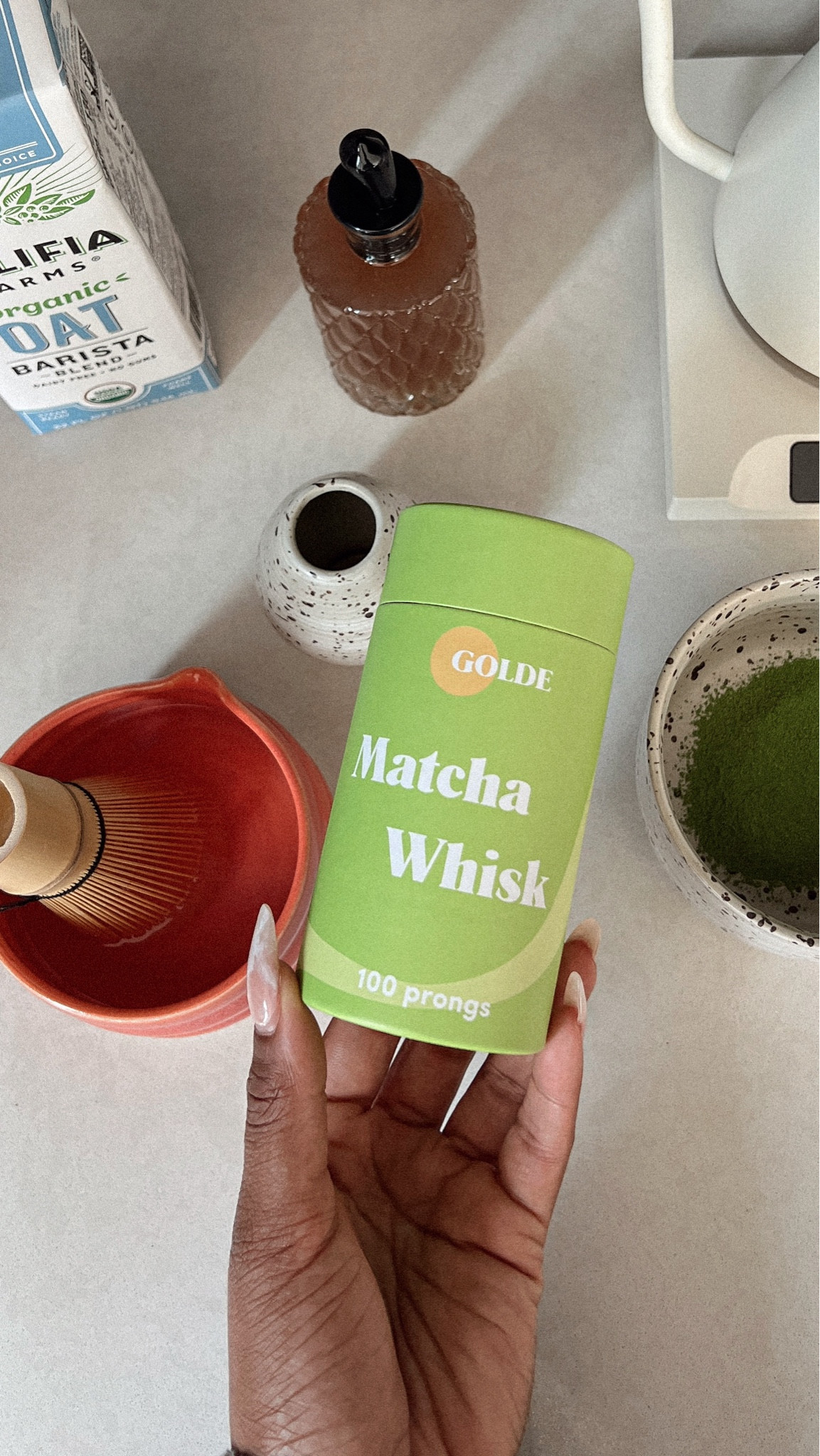 matcha latte essentials: 
ceremonial grade matcha
wisk 
tea kettle for hot water 
milk of choice 
sweetener of choice 


#LTKHome #LTKBeauty