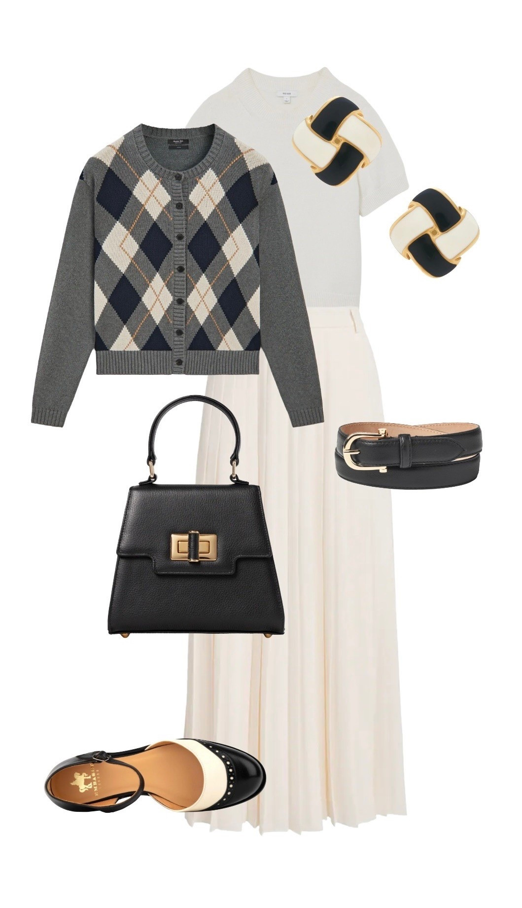 Happy Monochrome Monday! Here are some new Early Fall / AW26 styles you should nab now! Argyle is still right on trend for autumn and here is a stunning look that will take your from the office to a smart restaurant without even needing to change your shoes! Loads more styles to coordinate on the product listings 🖤🤍🖤

Argyle Cardigan - NEW at Massimo Dutti

Anita Ivory Knit Short Sleeve Sweater - Reiss

Long Ivory Skirt - NEW at ME + EM

Mable Top Handle Bag in Black (crossbody strap included) - Emmy London 

Gigot Black Ivory Two Tone Flat Brogue-inspired Shoes - Embassy London 

Caraquet Earrings in Black & White - Revolve (gift idea!)

#LTKuk #LTKautumn #LTKluxury