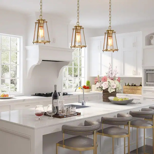 Mid-Century Modern 1-Light Gold Lantern Glass Pendant Lights for Kitchen Island | Bed Bath & Beyond