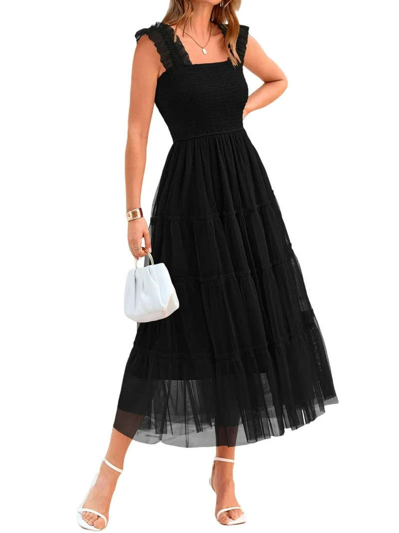 PRETTYGARDEN Women's Summer Midi Tulle Dress Sleeveless Smocked Square Neck Ruffle Flowy Party We... | Walmart (US)