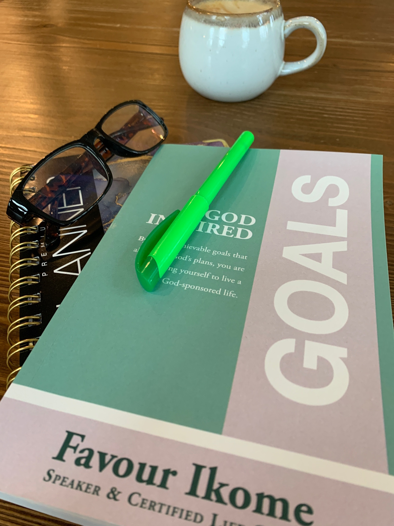 God-Inspired Goals Journal with my highlighter, readers and calendar. Great way to get organized and set goals. #Books #Stationary 