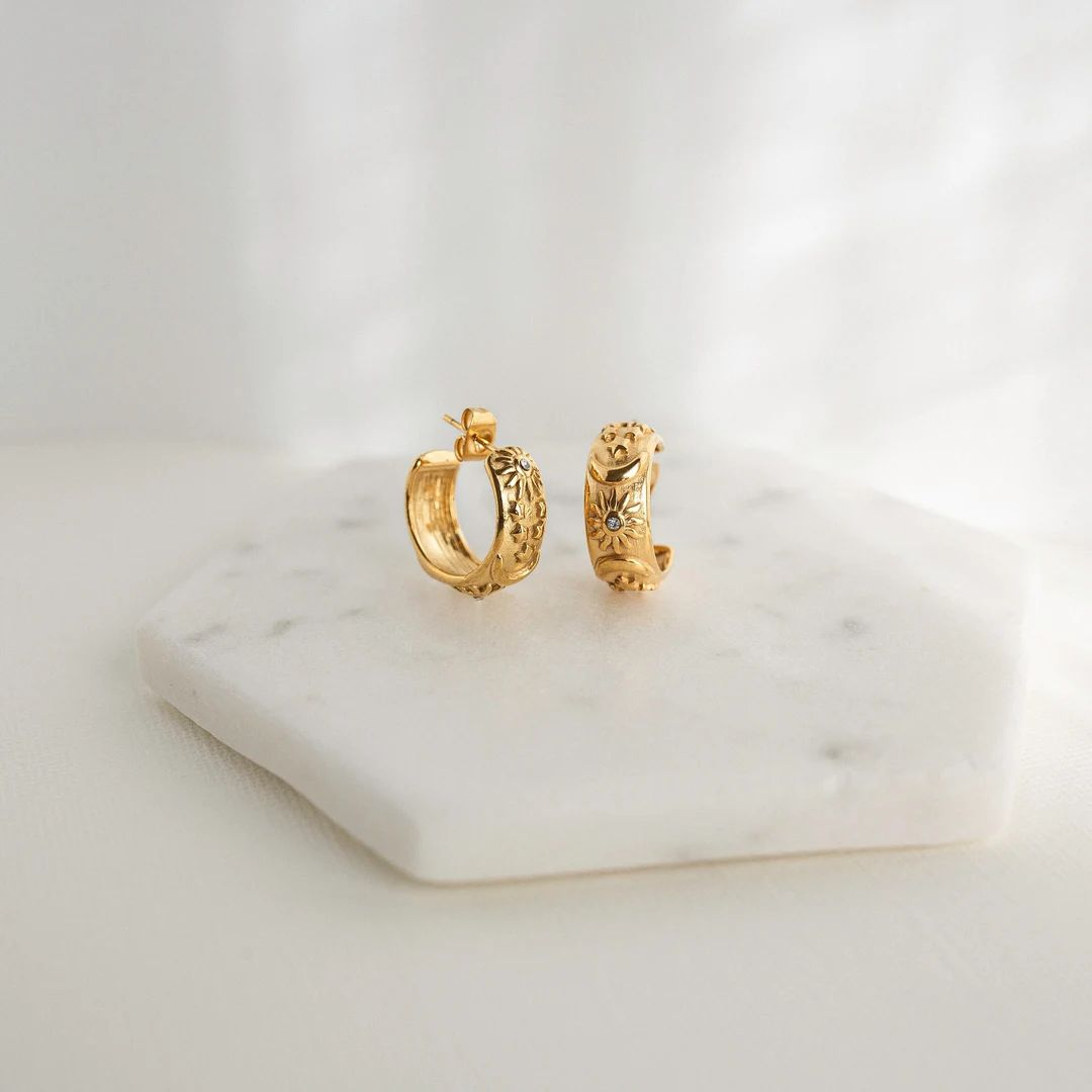 18K Gold Moon Star Hoop Earrings, Chunky Gold Huggies, Celestial Gold Earrings, Waterproof Earrin... | Etsy (US)