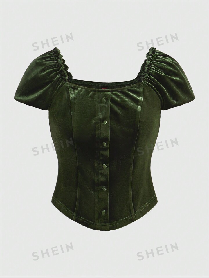 ROMWE Goth Gothic Style Green Velvet Puff Sleeve Slim Fit Women's T-Shirt, Spring | SHEIN
