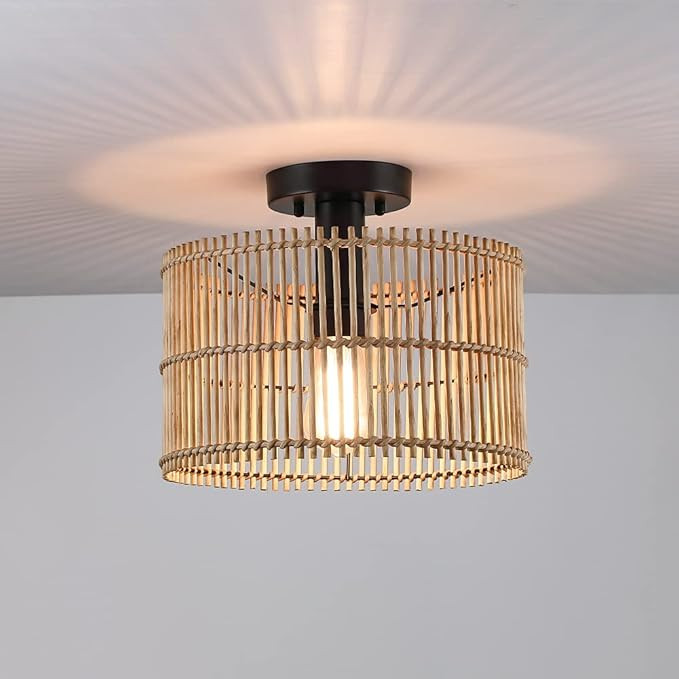 LAMPRESSION 1-Light Hand Woven Rattan Semi Flush Mount Ceiling Light Fixture, 11.8" Bohemian Natu... | Amazon (US)