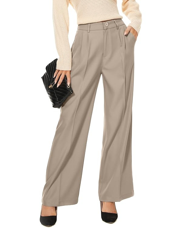 Women Wide Leg High Waist Wide Leg Pants Loose Fit Back Elastic Waist Pleated Front Trousers for ... | Amazon (US)
