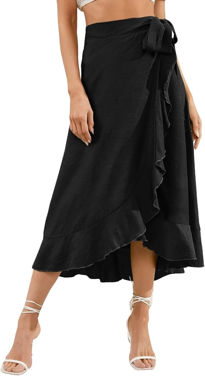 VNDFLAG Women's High Waisted Wrap Ruffle Hem Split Midi Skirt | Amazon (US)
