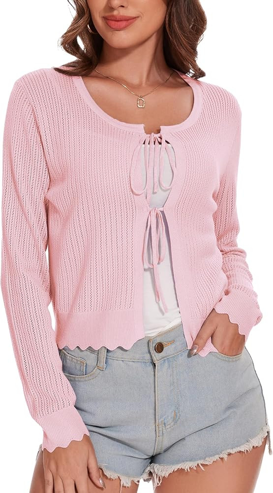 Women's Tie Front Knit Cropped Cardigan Long Sleeve Crochet Sweater Shrug Top | Amazon (US)