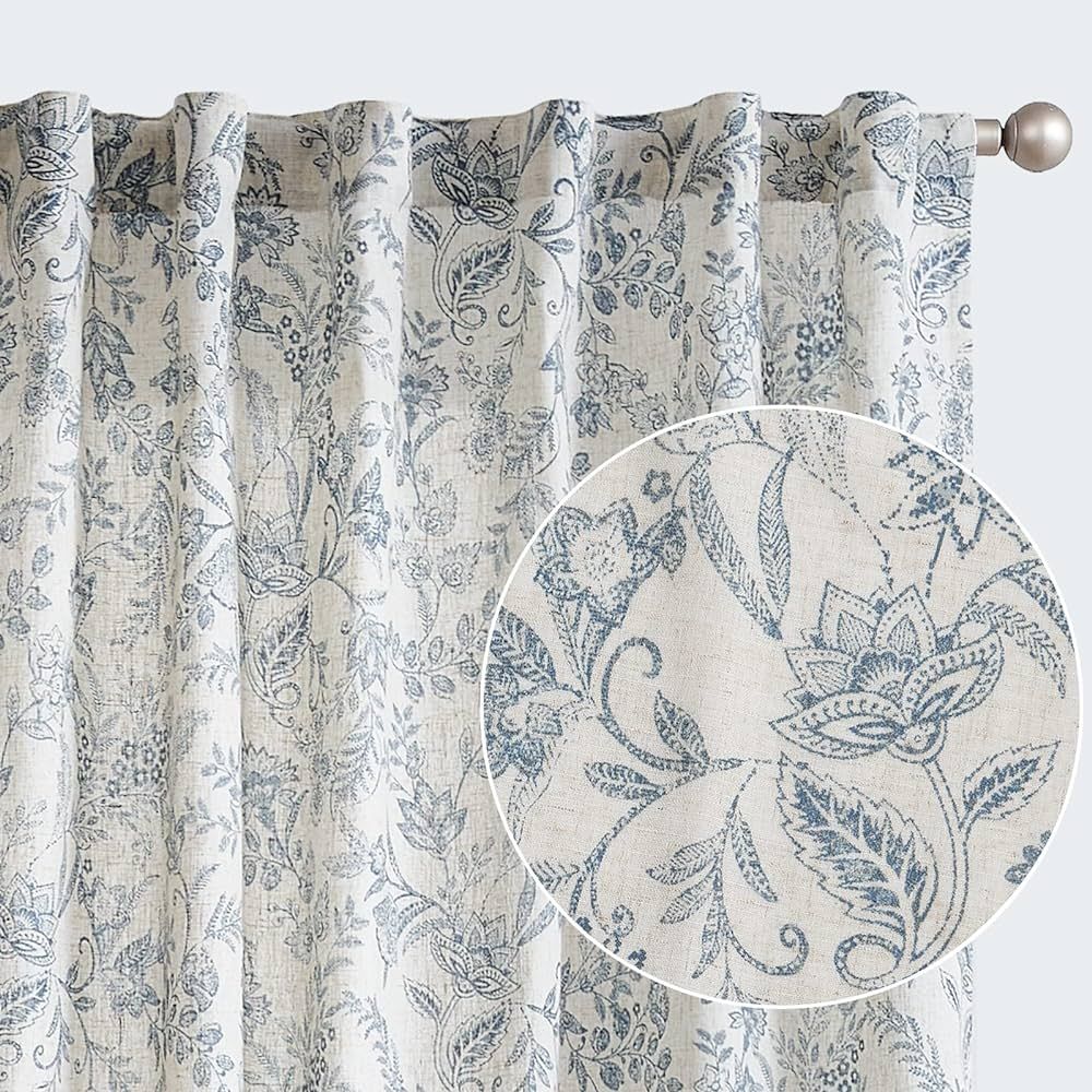 Lazzzy Linen Curtains Farmhouse Blue Floral Print Curtains 84 Inches Long Back Tab Drapes for Liv... | Amazon (US)