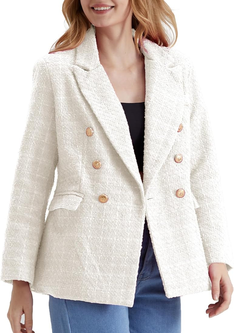 Rixiland Women's Double Breasted Tweed Blazer Casual Long Sleeve Open Front Blazer Jackets Work S... | Amazon (US)