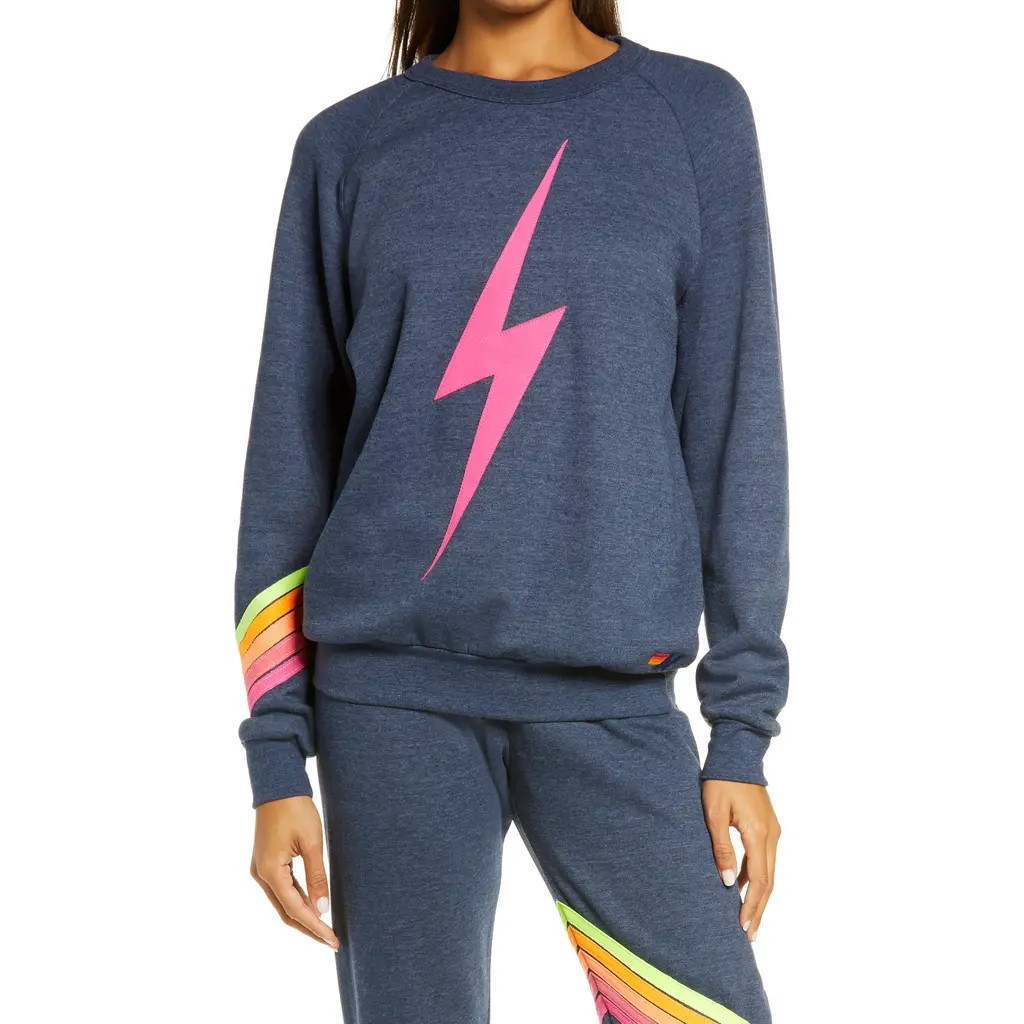 Aviator Nation Bolt Chevron Stripe Sweatshirt in Heather Navy/Neon at Nordstrom, Size X-Small | Nordstrom