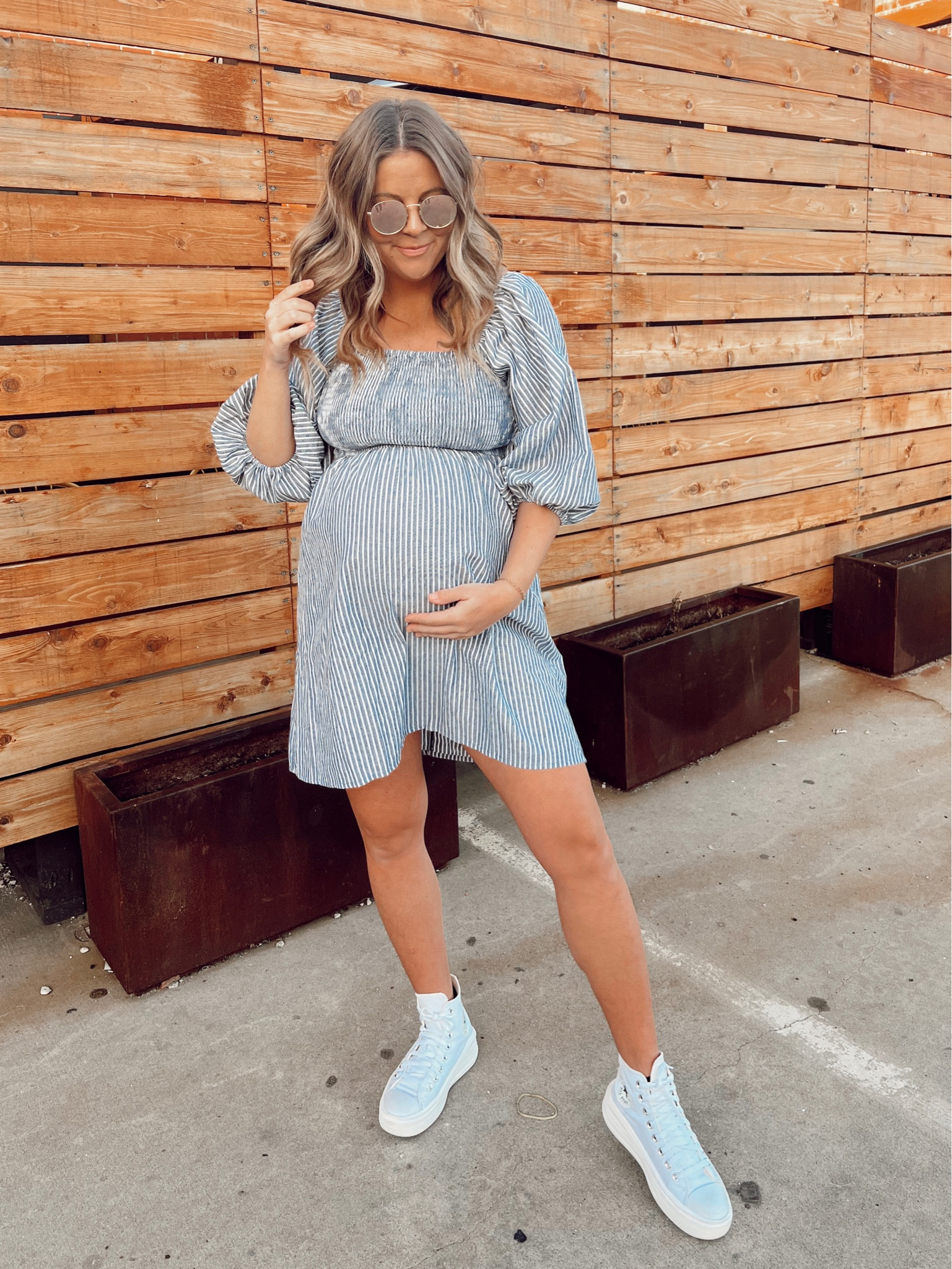 Smocked pinstripe dress, bump friendly 

#LTKbump #LTKunder100 #LTKstyletip