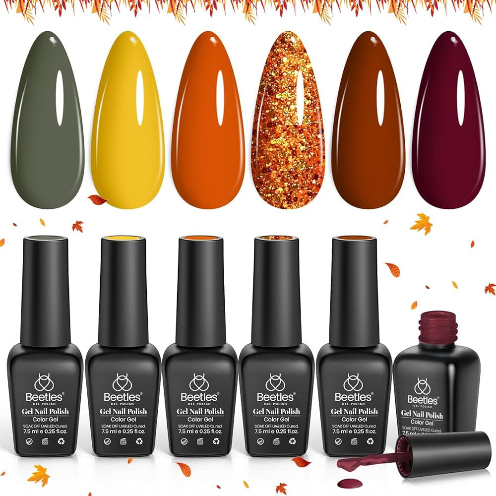 Beetles Fall Gel Nail Polish Set 6Pcs Brown Green Yellow Burgundy Orange Glitter Gel Polish Nails... | Amazon (US)