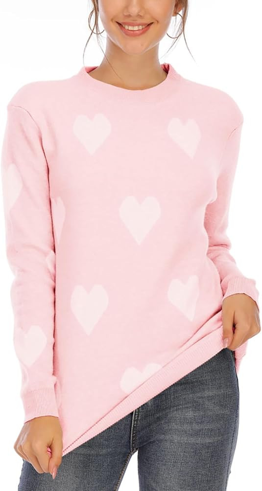 shermie Women's Cute Heart Knitted Sweater Long Sleeve Crew Neck Loose Casual Pullover Sweaters | Amazon (US)
