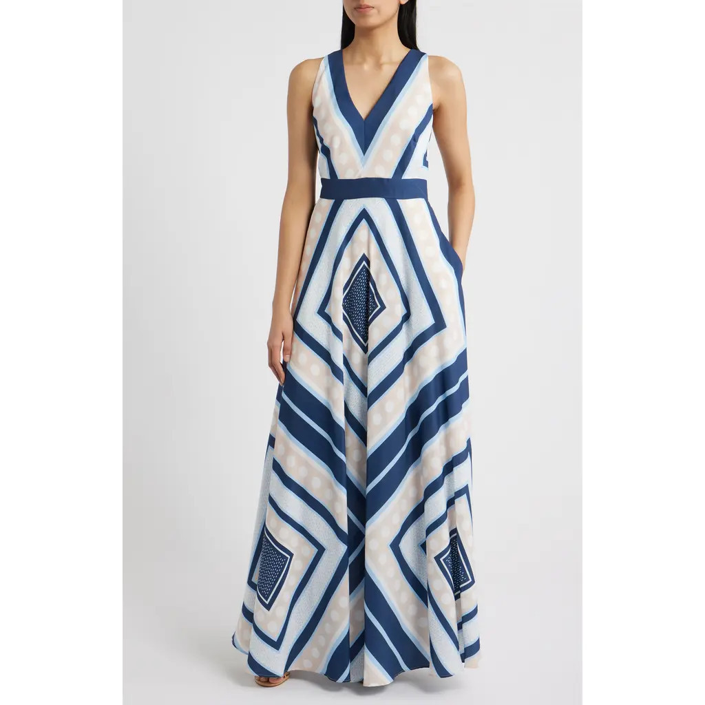 Eliza J Scarf Print Crêpe de Chine Maxi Dress in Navy at Nordstrom, Size 4 | Nordstrom