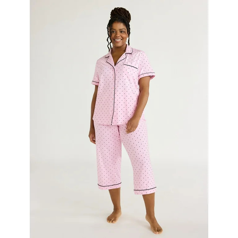 Joyspun Women's Cotton Blend Notch Collar Top and Capri Pants Pajama Set, 2-Piece, Sizes S to 4X | Walmart (US)