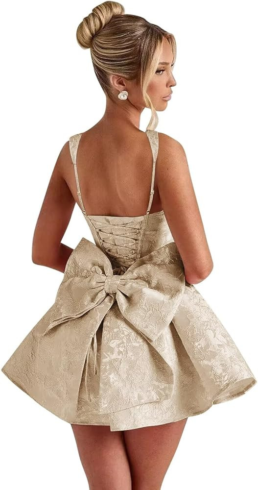 Eightale Satin Jacquard Homecoming Dress with Bow Short A-Line Mini Prom Cocktail Party Gown | Amazon (US)