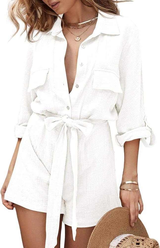 Fixmatti Women Summer Casual Linen Outfits Button Down Shorts Rompers Jumpsuits | Amazon (US)