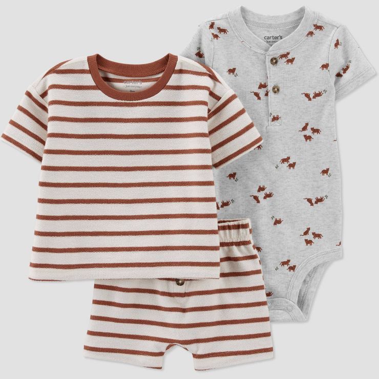 Carter's Just One You®️ Baby Boys' 3pc Clay Striped Safari Top and Bottom Set - Dark Red | Target