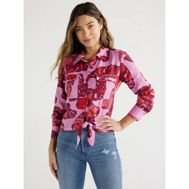 Sofia Jeans Women's and Women's Plus Linen Blend Tie Front Top with Cargo Pockets, Sizes XS-5X | Walmart (US)