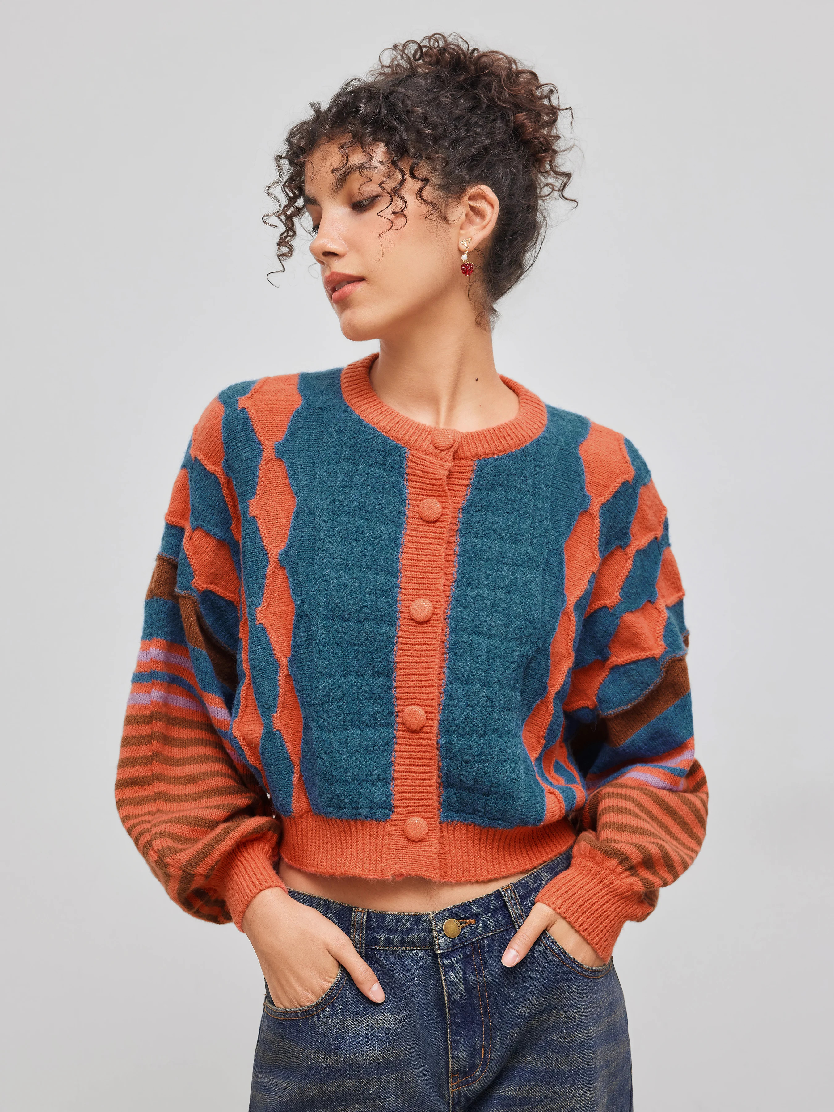 Knit Fabric Knit Round Neckline Striped Geometric Cardigan For Daily Casual | Cider