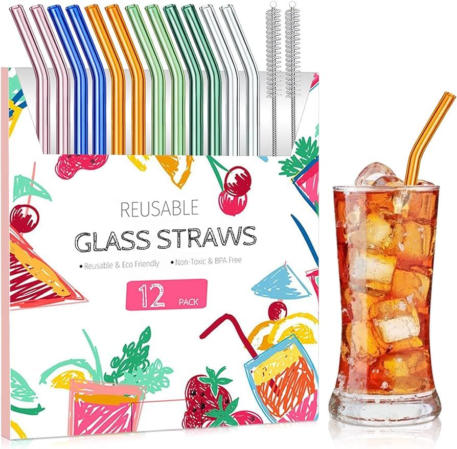Reusable Glass Bent Straws, 12-Pieces Drinking Straws with 2 Cleaning Brushes, Dishwasher Safe fo... | Amazon (US)
