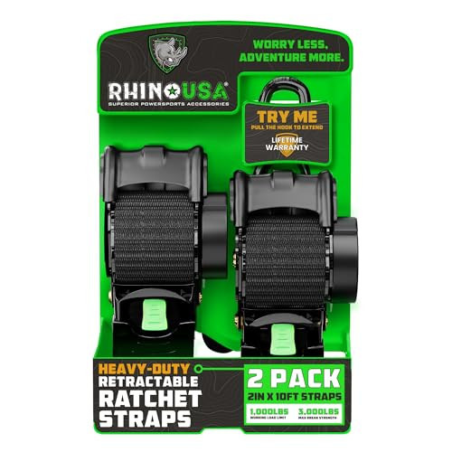 Rhino USA Retractable Ratchet Straps (2Pack) 2 Inch x 10 Feet (3,033lb Break Strength) Heavy Duty Auto Self Retracting Tie Down Straps for Truck, Cargo Trailer, Motorcycle, Rad & More - Black Retail | Amazon (US)